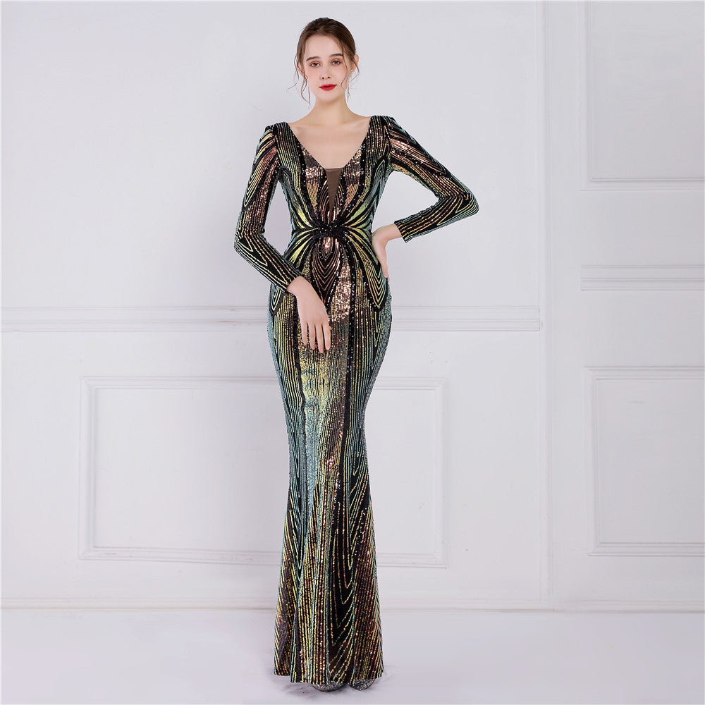 Women Elegant Long Sleeve Sequins Mermaid Dress Evening Dress 4