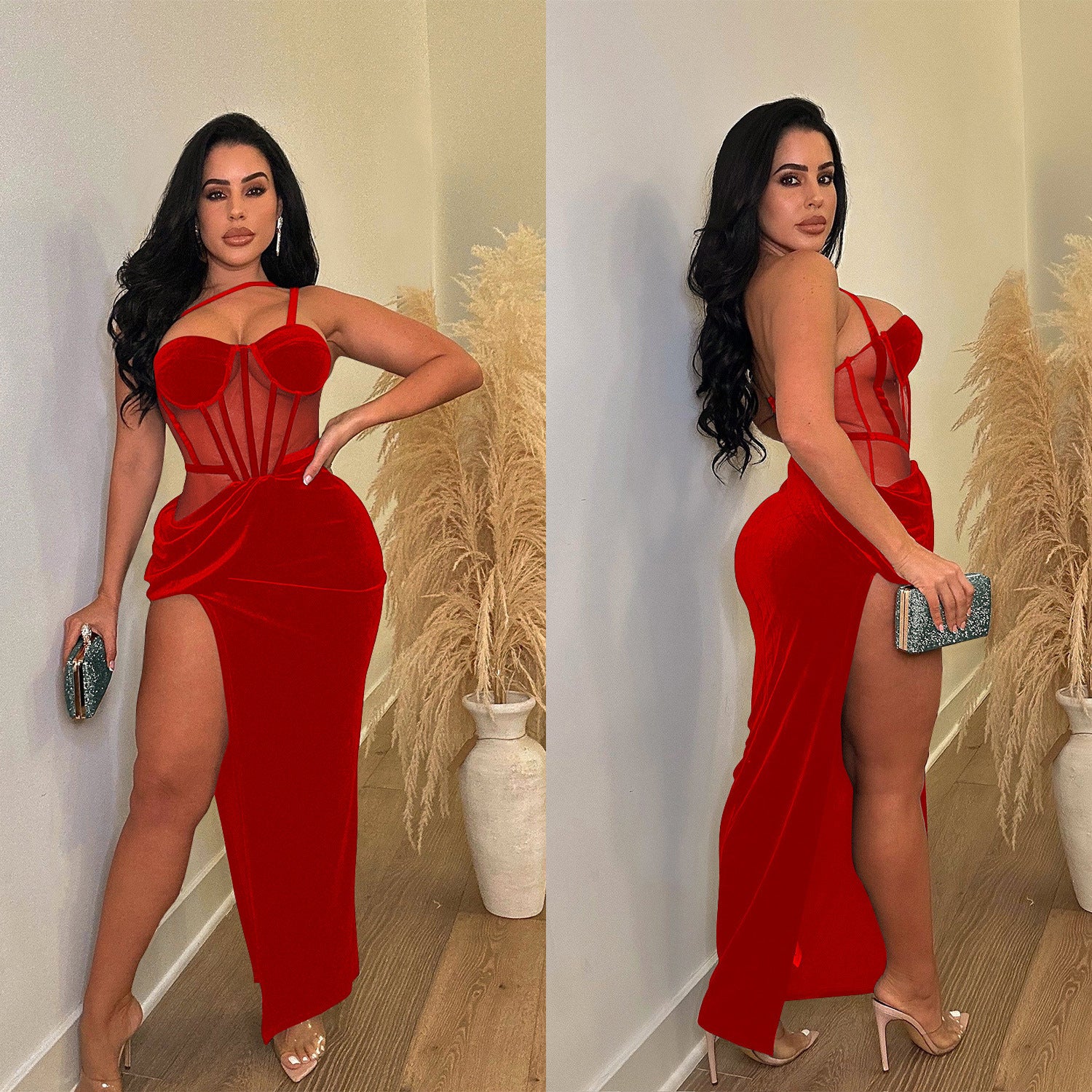 Fashion Women's Solid Color Mesh Straps Slit Long Dress 5