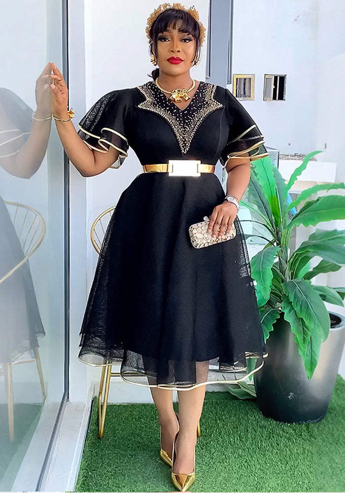 Plus Size African Women V-neck Bodycon Beaded Dress With Belt