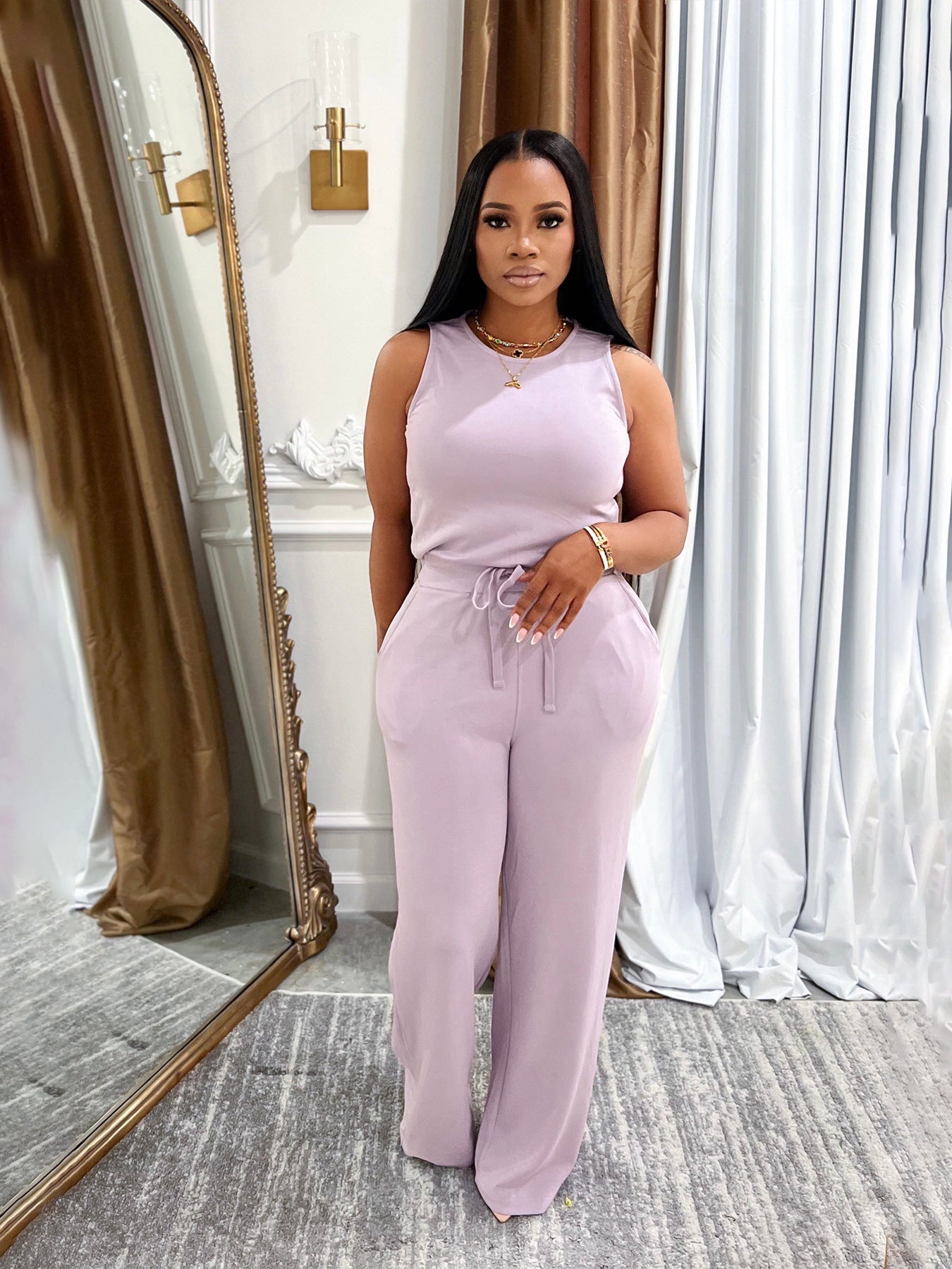 Summer fashion  Casual women's sleeveless lace-up solid color Jumpsuit 8