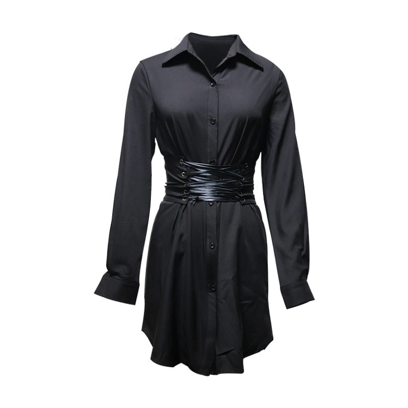 Women Turndown Collar Long Sleeve Solid Dress 12