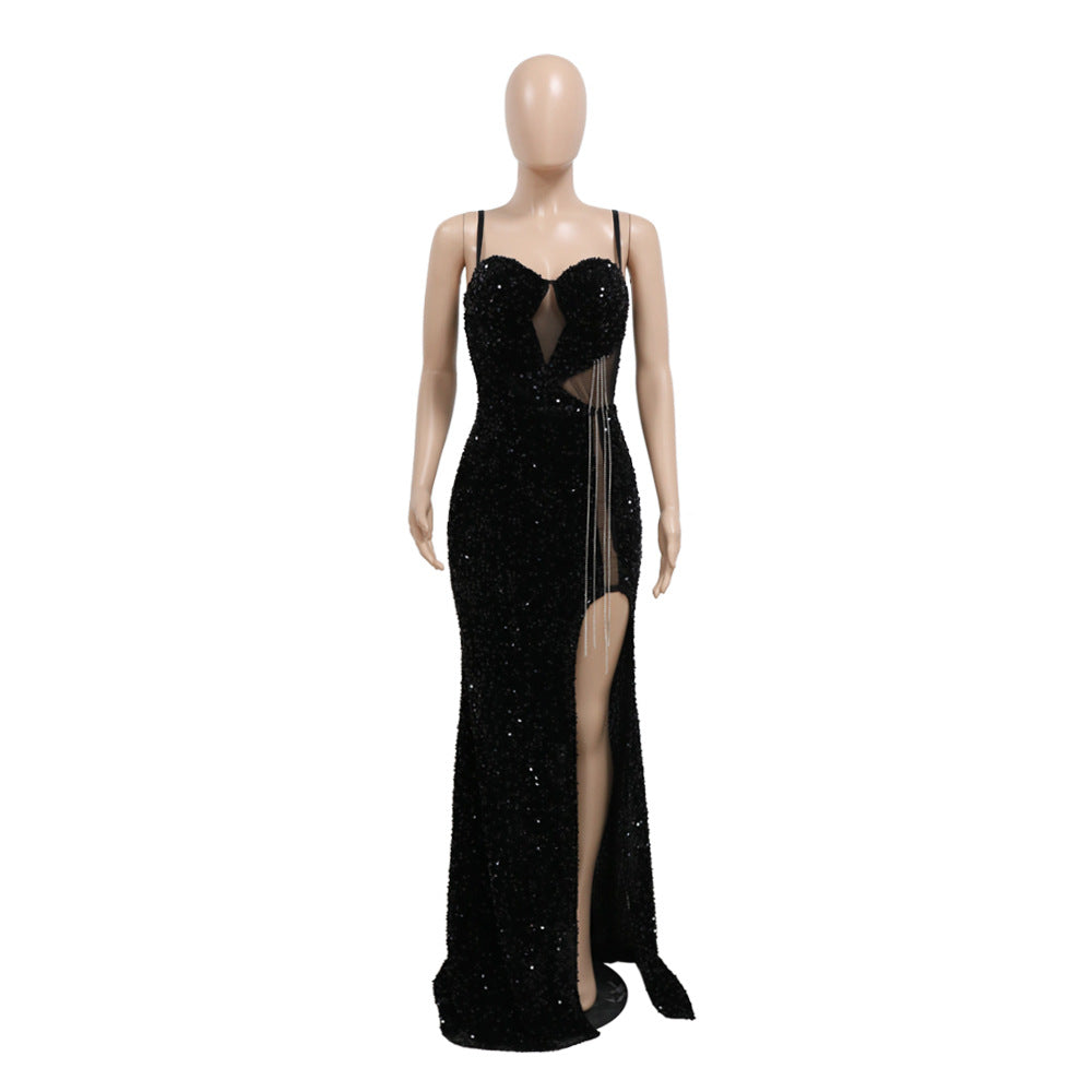 Women'S Sexy Straps Sleeveless Sequined Slit Long Evening Dress 13