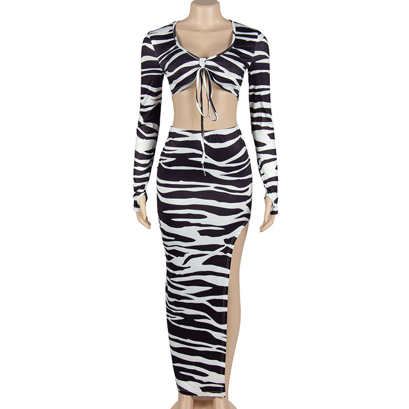 Fall Zebra Print Long Sleeve Tie Crop Top Slit Skirt Two Piece Set 4