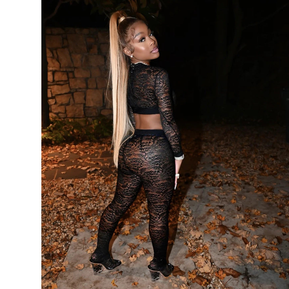 Women's Sexy V-Neck Tight Slim See Through Lace Two-Piece Pants Set