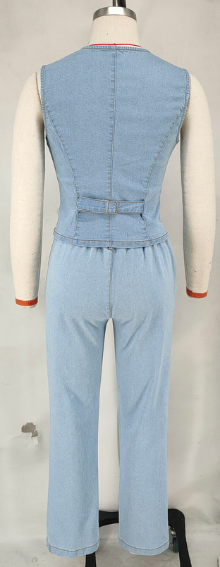 Women Denim V-Neck Sleeveless Top and Pants Two Piece 7