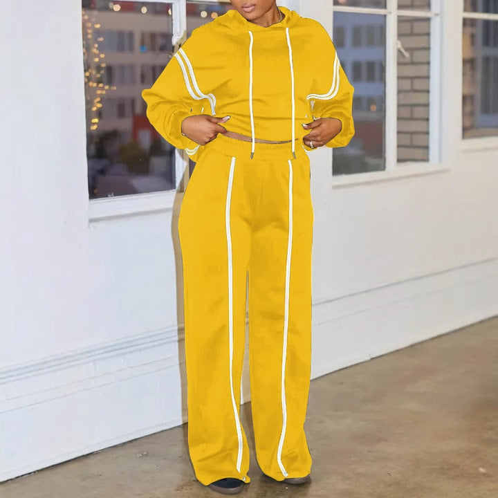 Ribbon Patchwork Hooded Hoodies Pants Two-Piece Tracksuit 7