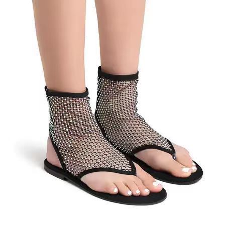 Mesh Flip-Flops Sexy Hollow Breathable Fishnet Diamonds Flat Sandals 7
