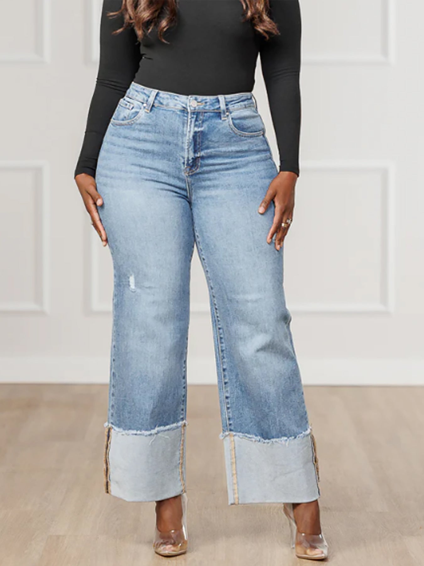 Autumn Winter Women's Solid Color Washed Trousers Folded Legs Long Denim Pants 4