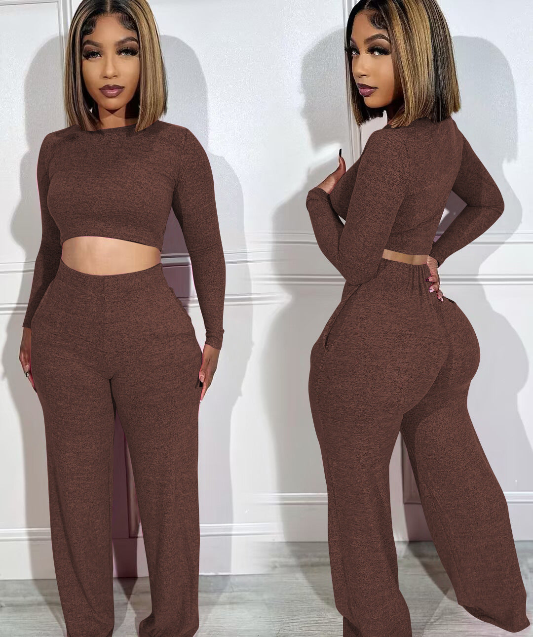 Women's Fashion Long Sleeve Crop Tops And Pants Casual Two Piece Set 7