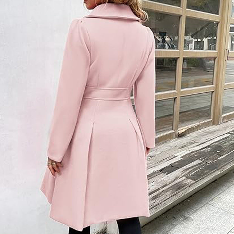 Women Fall and Winter Turndown Collar Double-Breasted Pocket Windbreaker 52