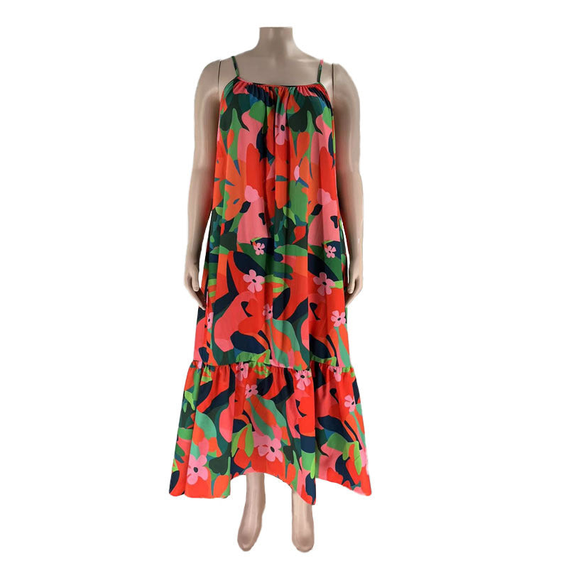 Plus Size Women Summer Sexy Off Shoulder Pleated Print Strap Dress 16