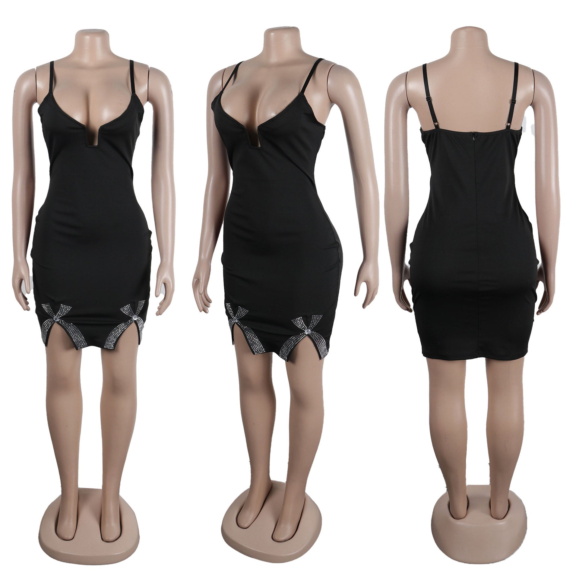 Sexy Bow-Embellished Beaded Slit Strap Bodycon Dress 18