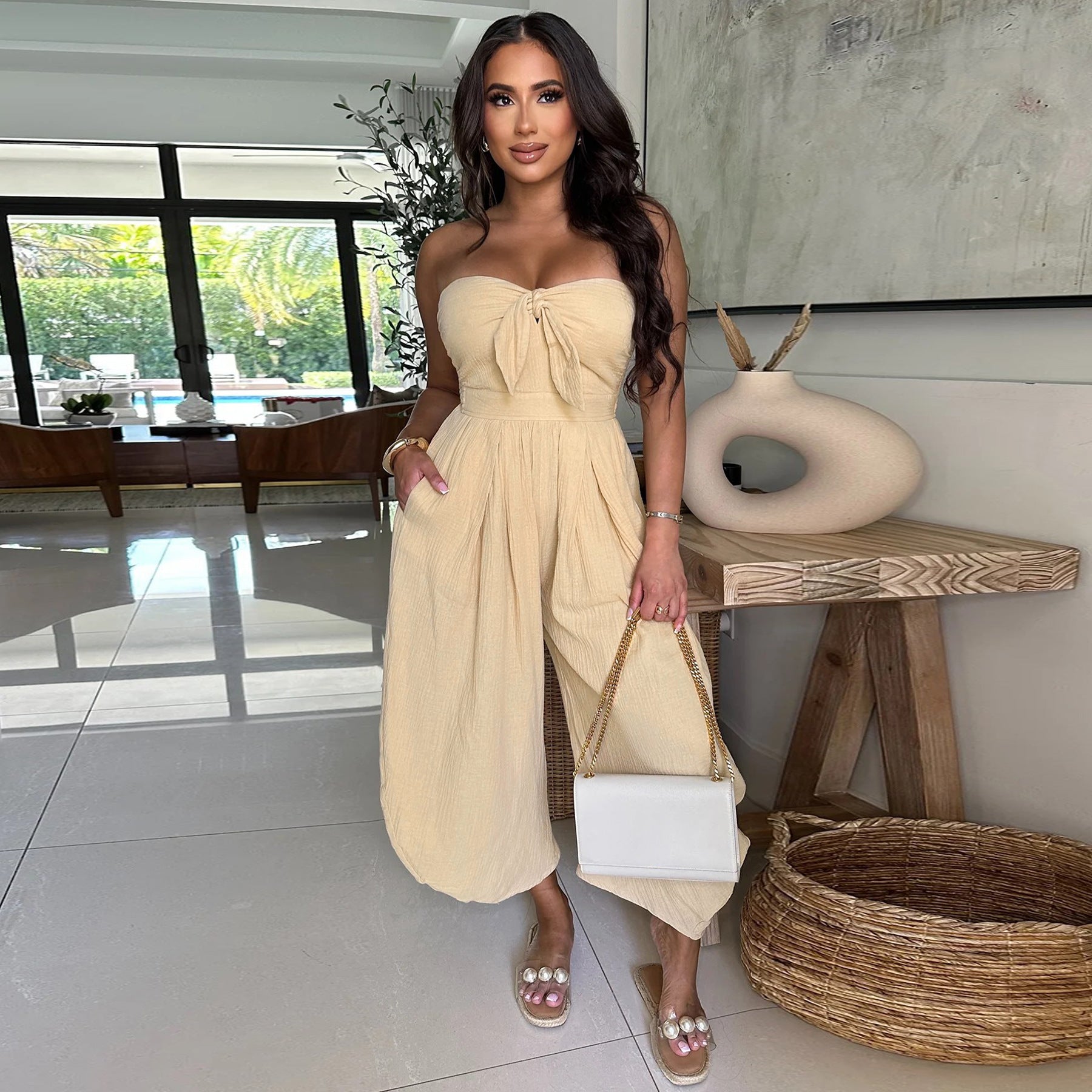 Women's Summer Sexy strapless Solid Color loose Jumpsuit 5