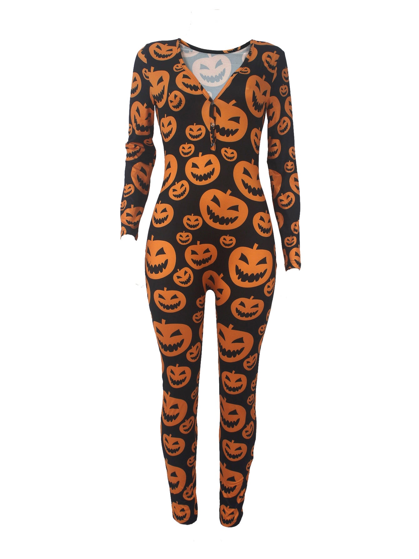 Women's Sexy Fashion Pattern Print Deep V-Neck Long Sleeve Tight Slim Jumpsuit 33