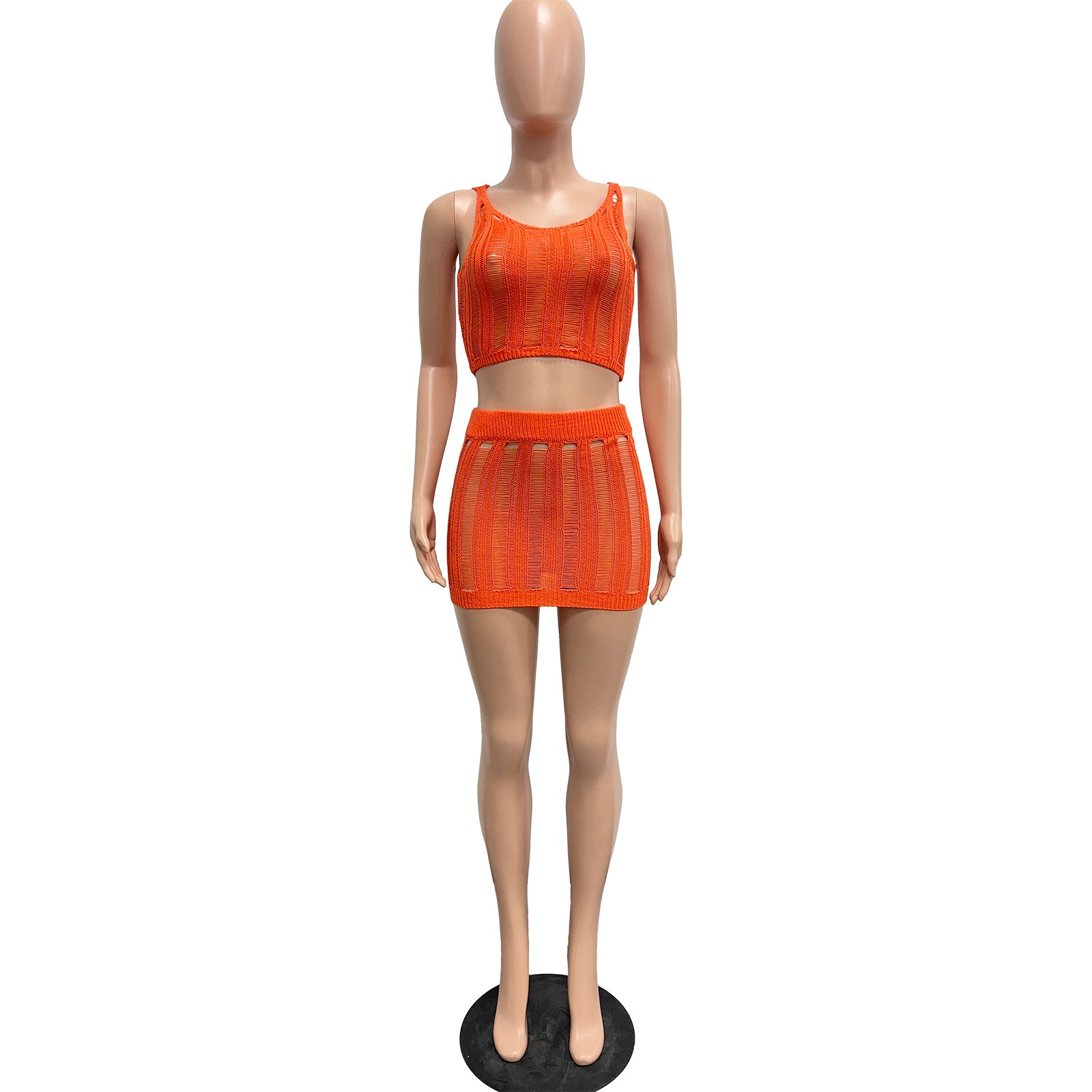 Women Sexy Knitting Hollow Tank Top and Skirt Two-piece Set 14