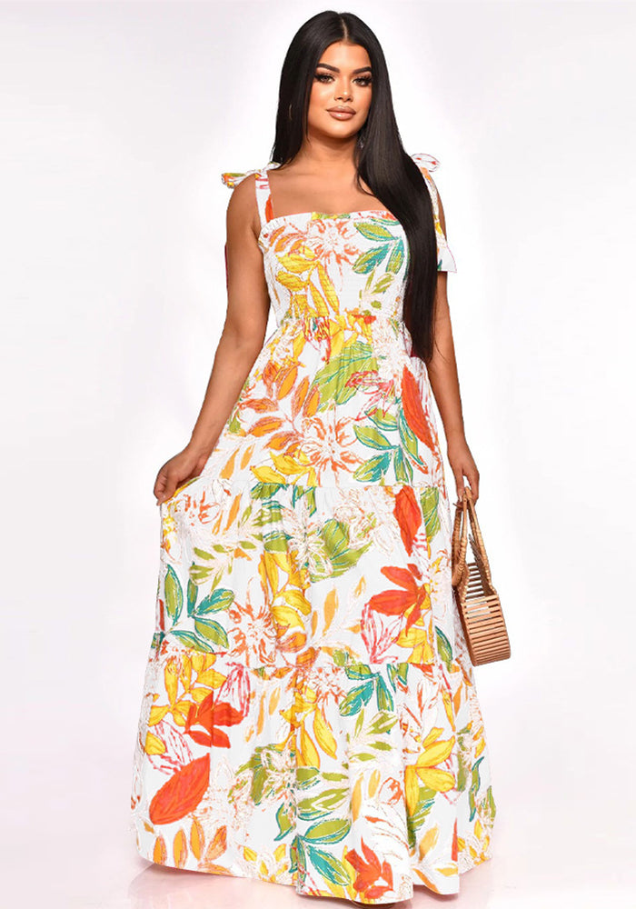 Women Off Shoulder Sleeveless Tie Print Beach Dress