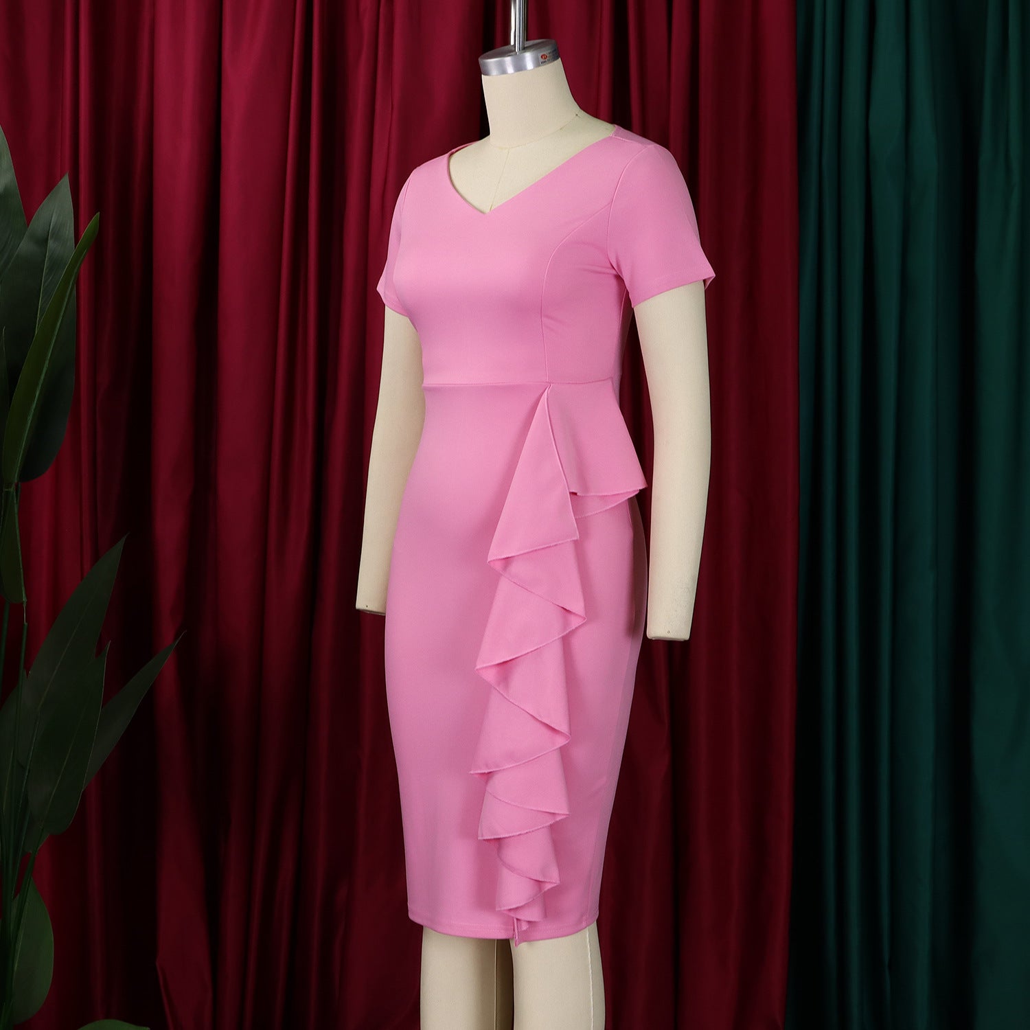 Plus Size Women Short Sleeve Solid Bodycon Ruffled African Dress 16