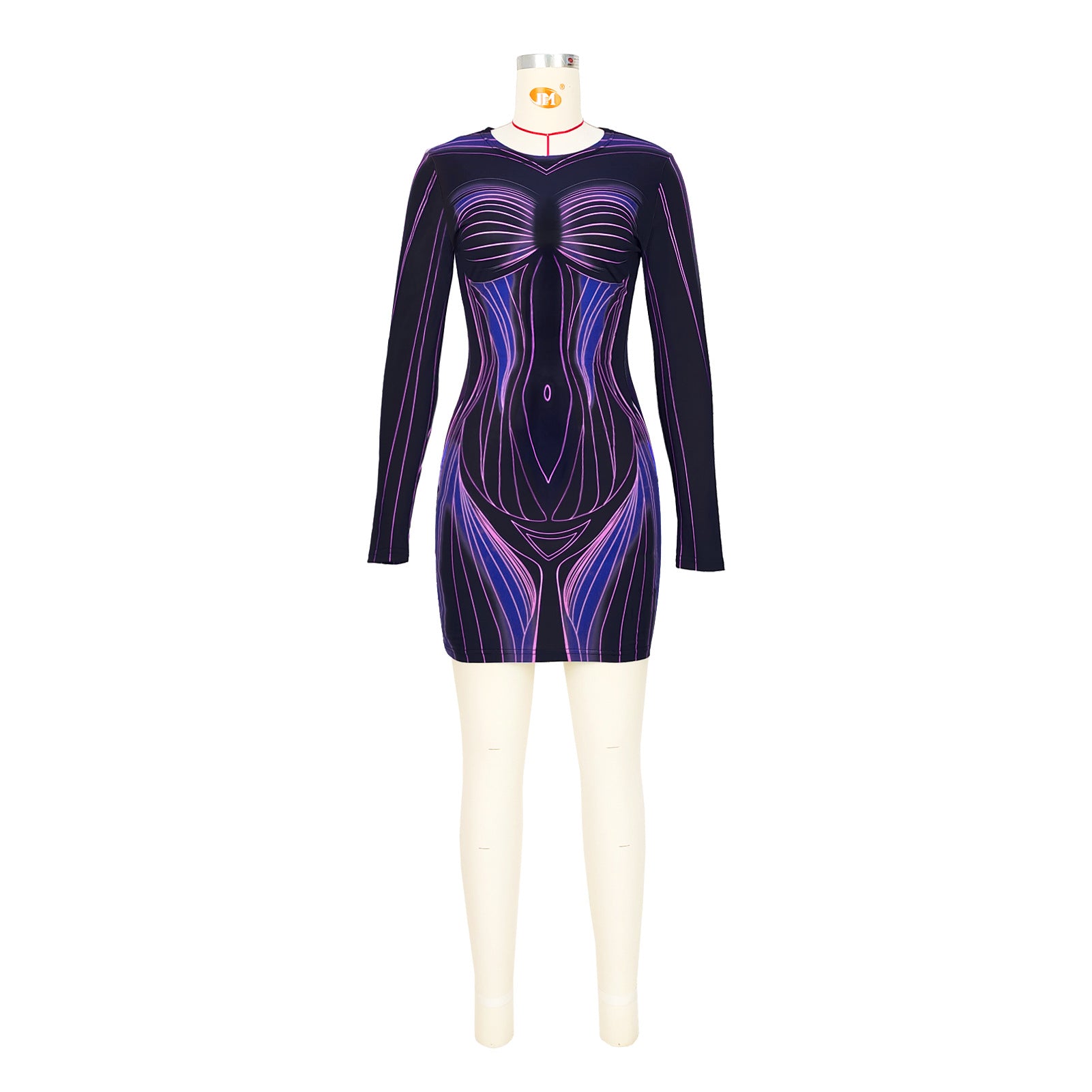 Women's Fashion Printed Round Neck Long Sleeve Slim Dress 13