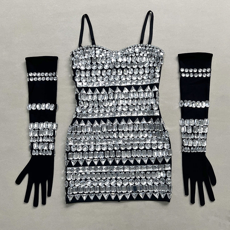 Women's Black Spiked Sleeves Straps Sleeveless Rhinestone Dress Women's Clothing 12