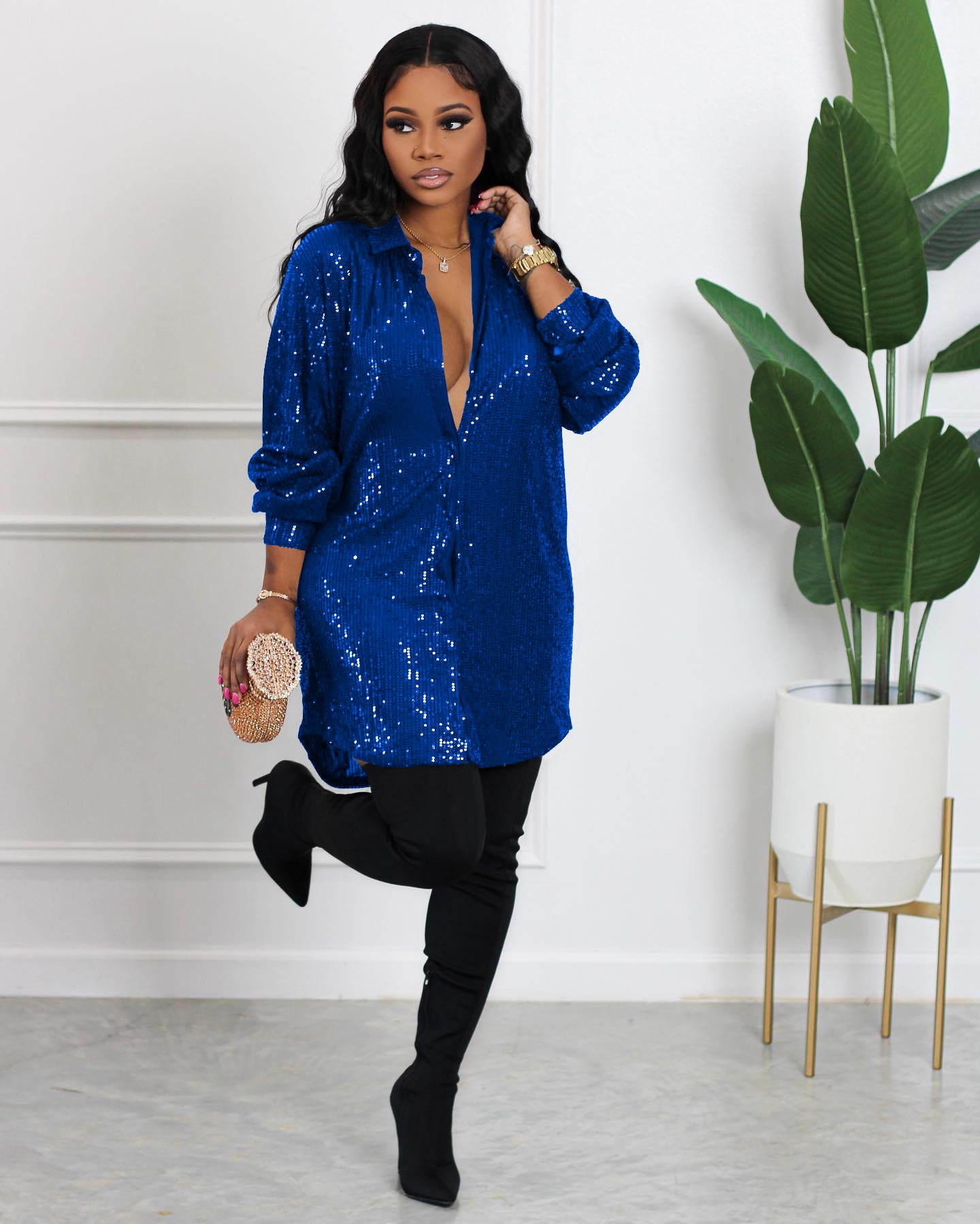 Women Solid Sequin Loose Shirt Dress 5