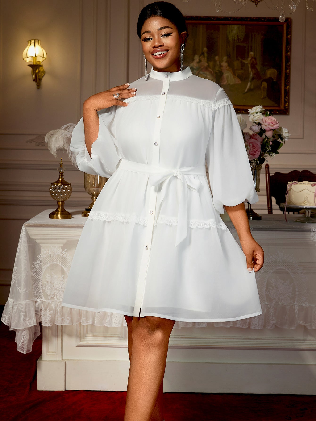 Plus Size White Lantern Sleeves Belted Button-Detail Blouse Dress Lantern Sleeves Career Wear 7