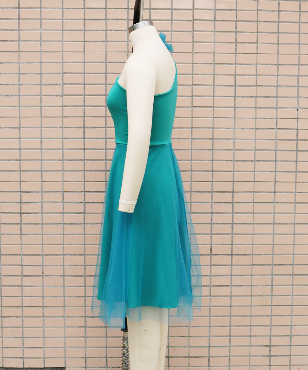 Women One Shoulder Sleeveless Mesh Patchwork Dress 19