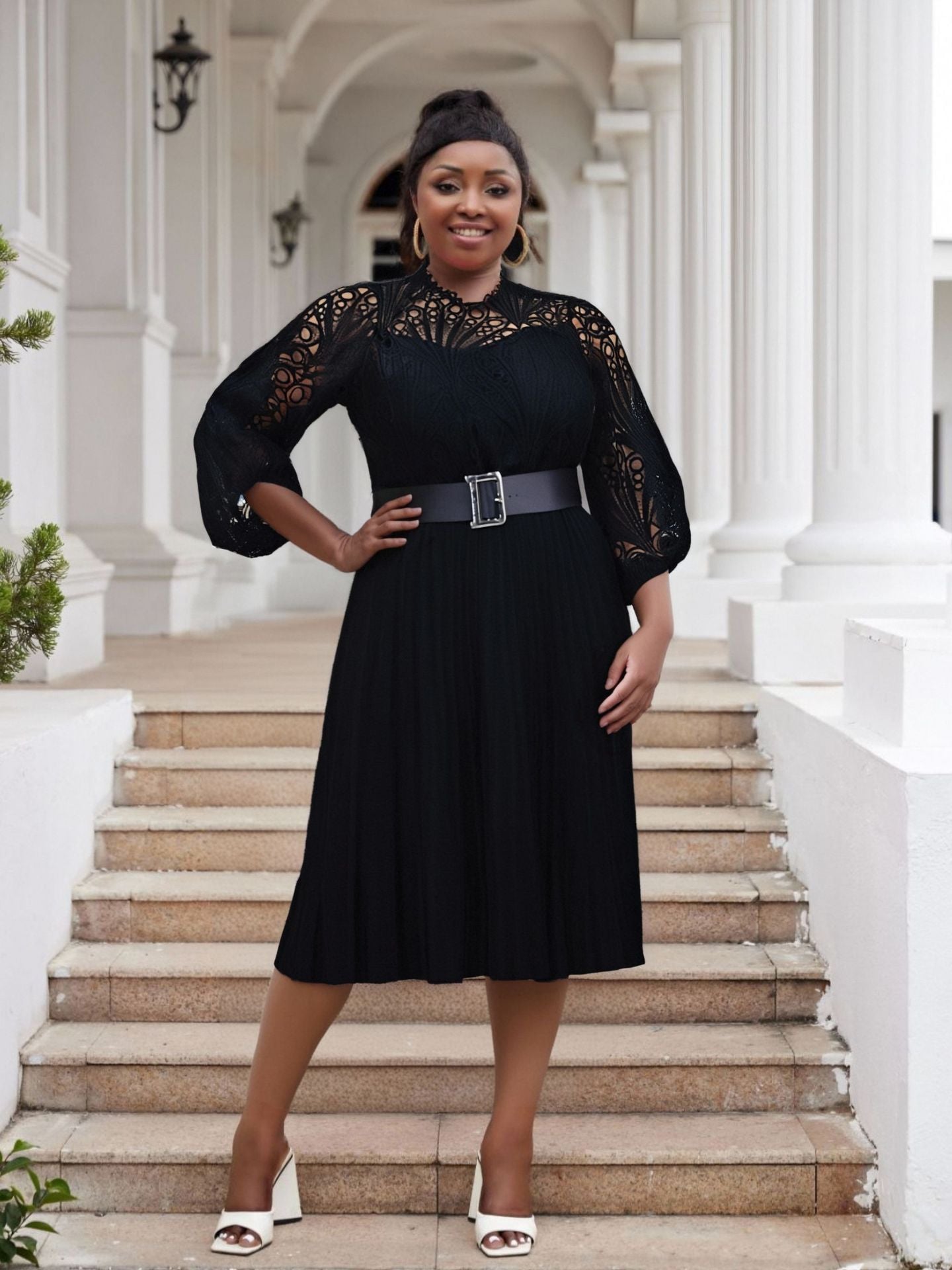 Plus Size Women lace hook flower sexy hollow pleated dress