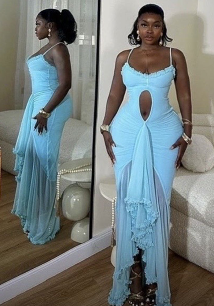 Women French elegant sling hollow ruffle irregular Maxi Dress