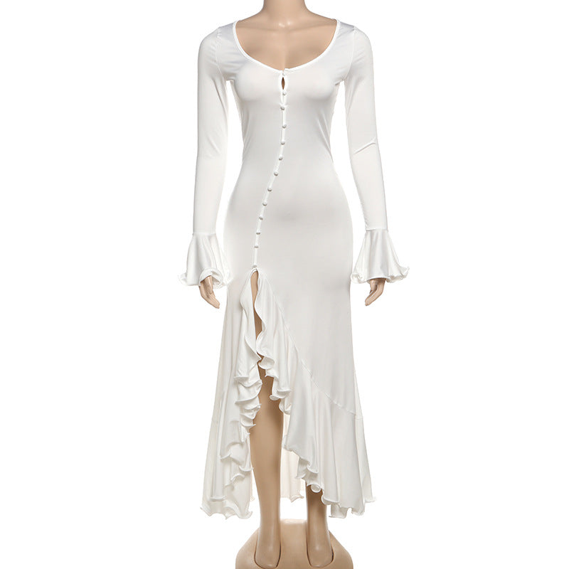 Women Summer Sexy Solid Long Sleeve V-neck Ruffled Slit Dress 9