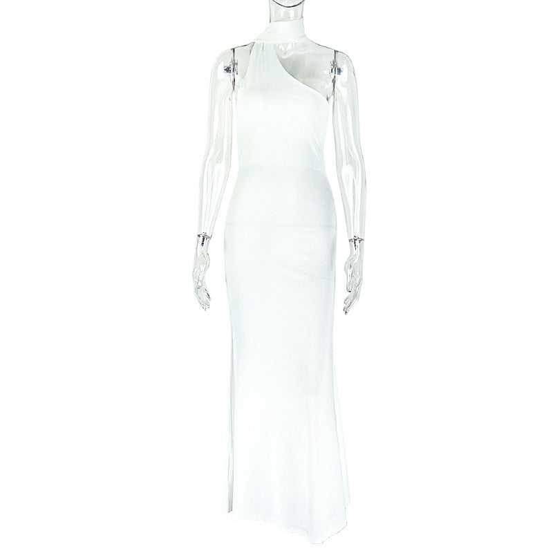 Women solid elegant pleated asymmetric stand collar sleeveless dress 10