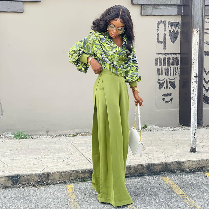 Women Autumn Printed Balloon Sleeve Shirt and Wide-leg Pants Casual Two-piece Set 8