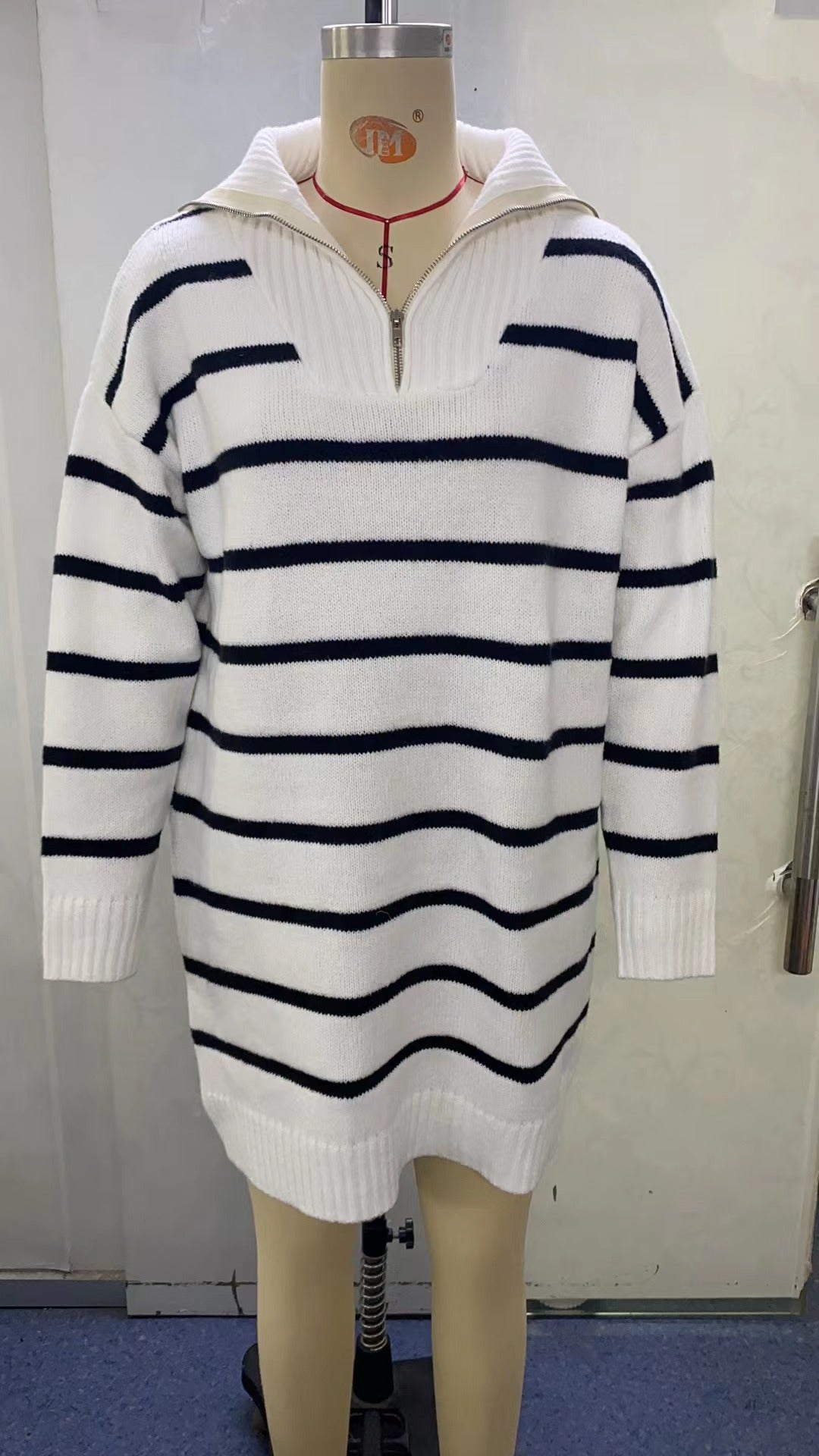Women Autumn and Winter V-neck Long Sleeve Striped Loose Casual Knitting Sweater Dress 17