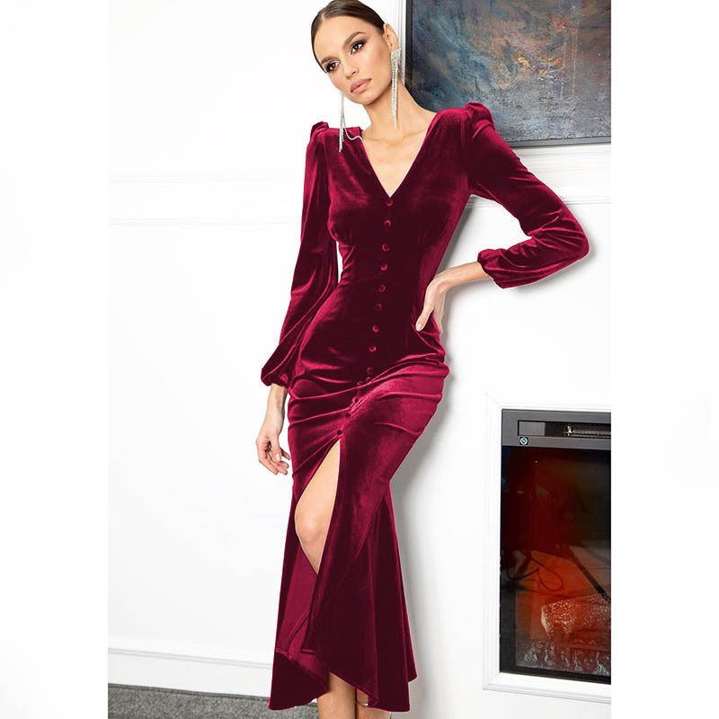 Women Autumn Knittingv Collar Solid Padded Shoulder Long Sleeve Slit Evening Dress 4
