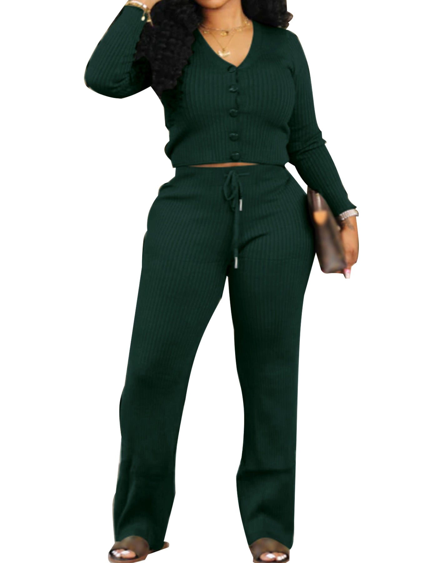 Women Casual V-neck Top and Pant two-piece set