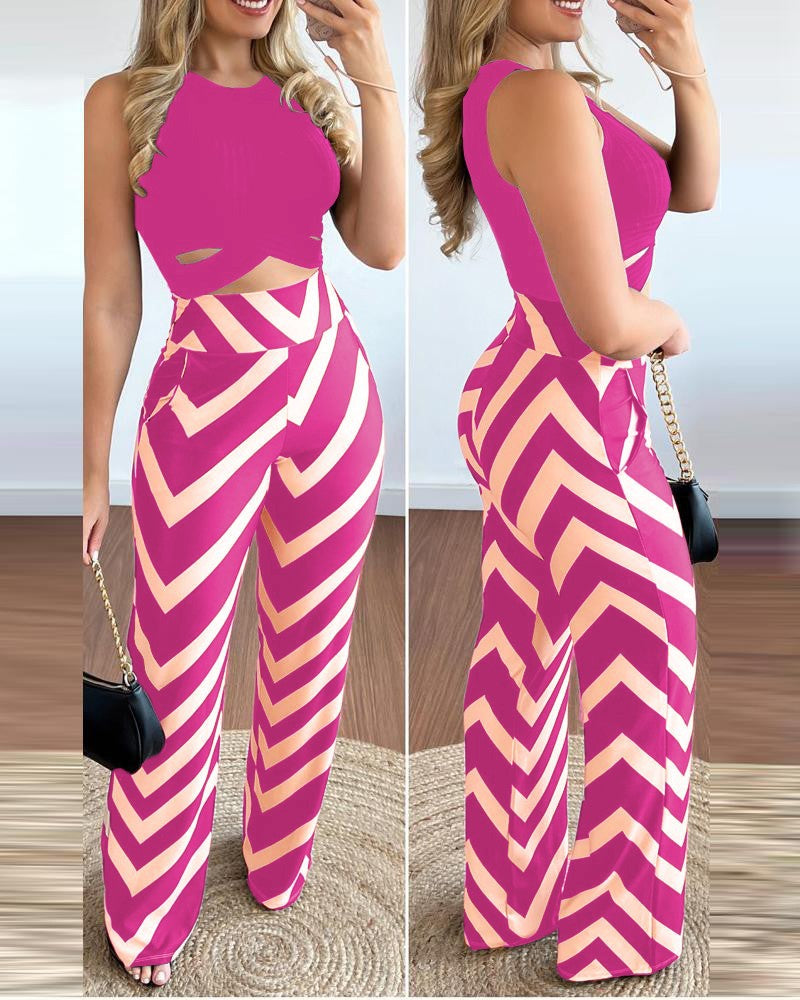 Spring Print Sleeveless Tank Wide Leg Pants Fashion Casual Two Piece Suit