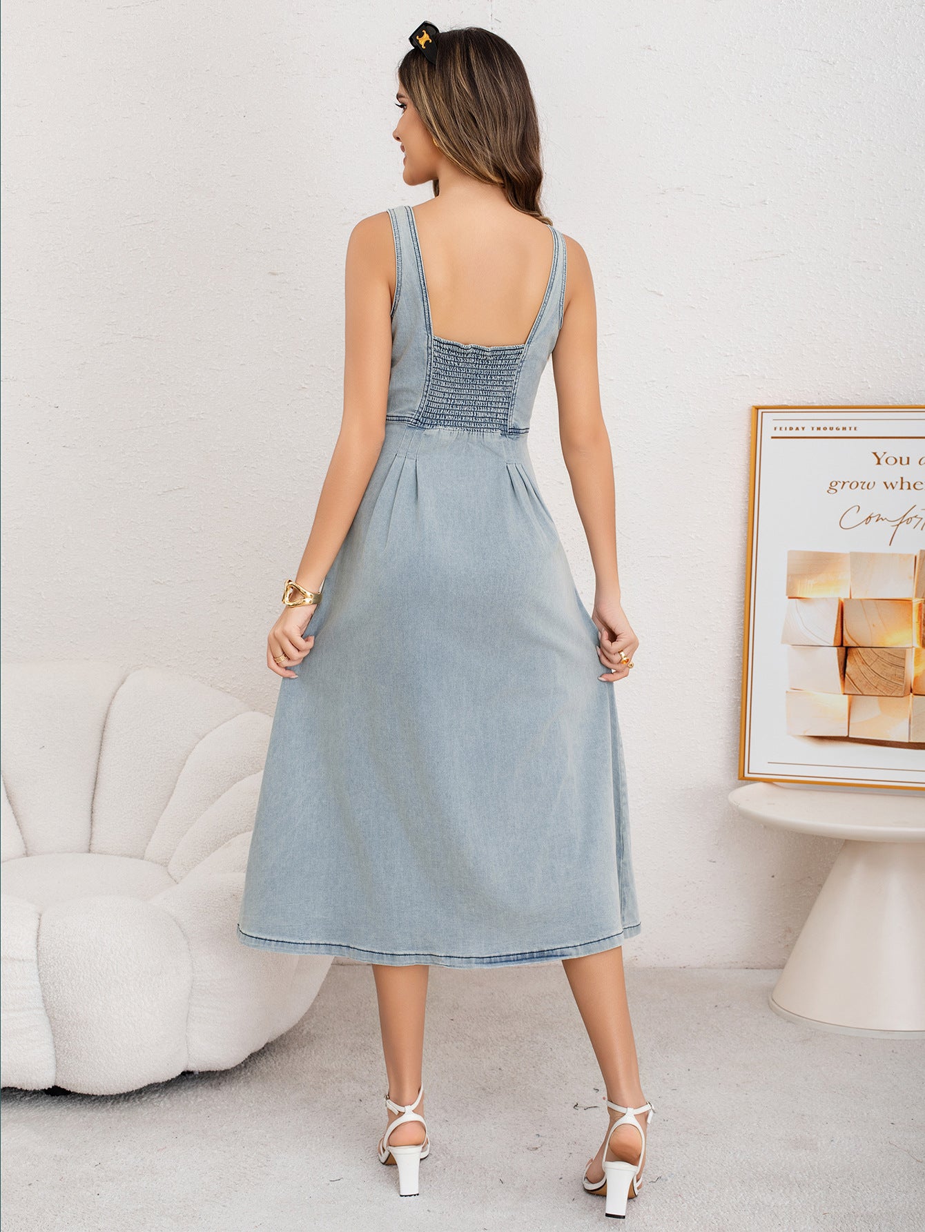 Women Spring/Summer Denim Button Stretchy Slip Dress 6