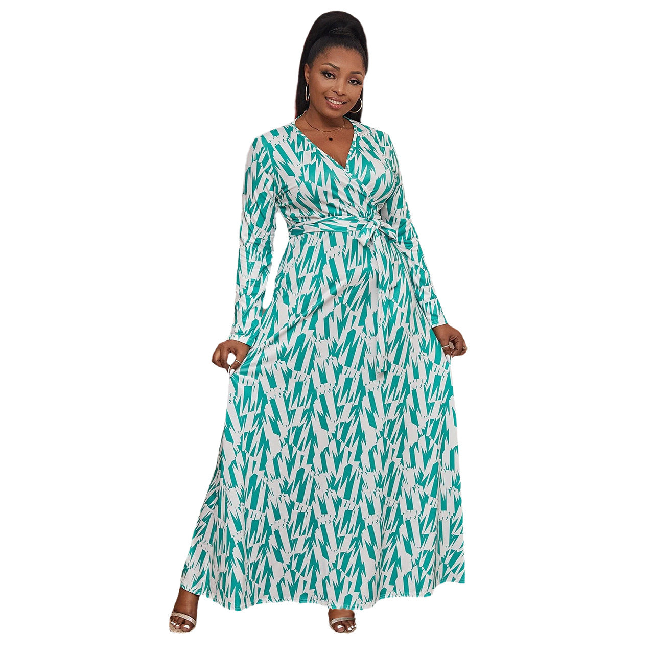 Spring And Summer Plus Size Floral Printed Long Sleeve Wrap Women's Maxi Dress 5
