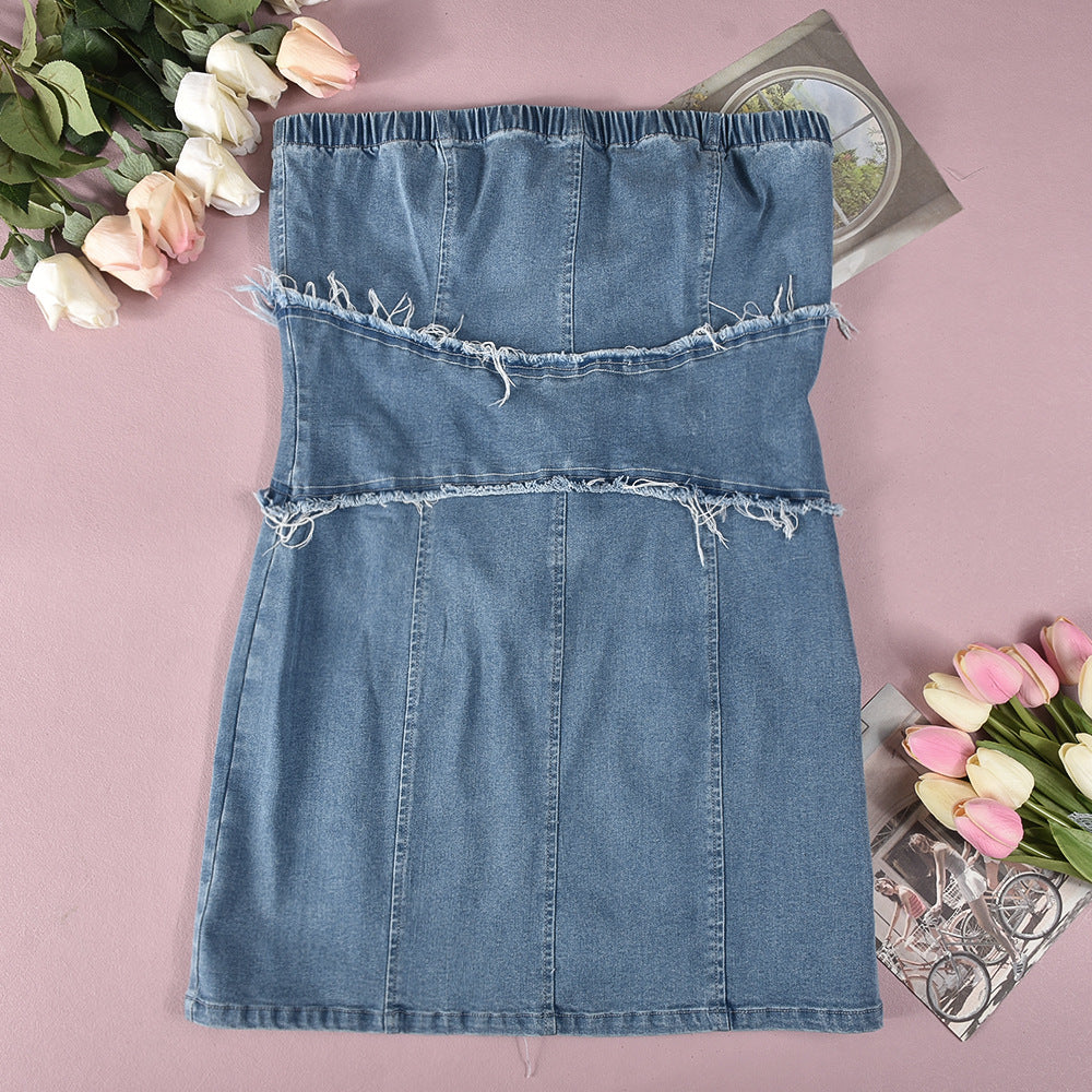 Women summer washed tassel Denim zipper off shoulder dress 8