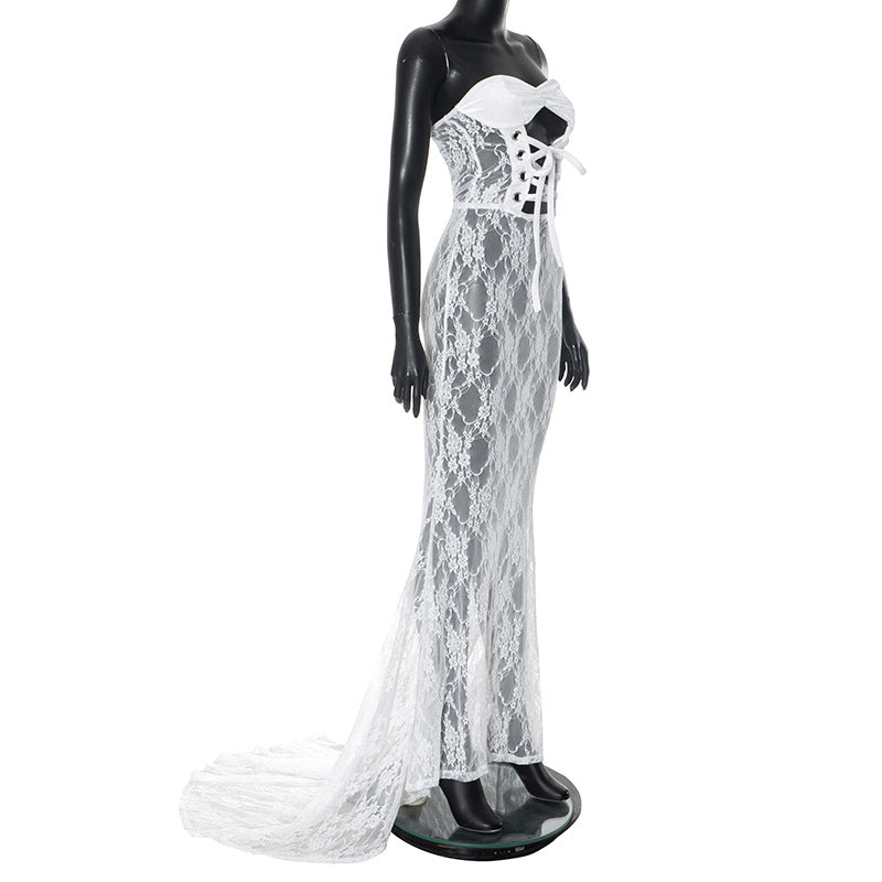 Women Mesh Lace-Up Strapless Dress 18