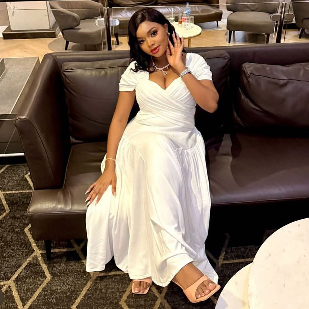 Plus Size Women's Fashion Elegant Square Neck Slim Waist A-line Long Dress