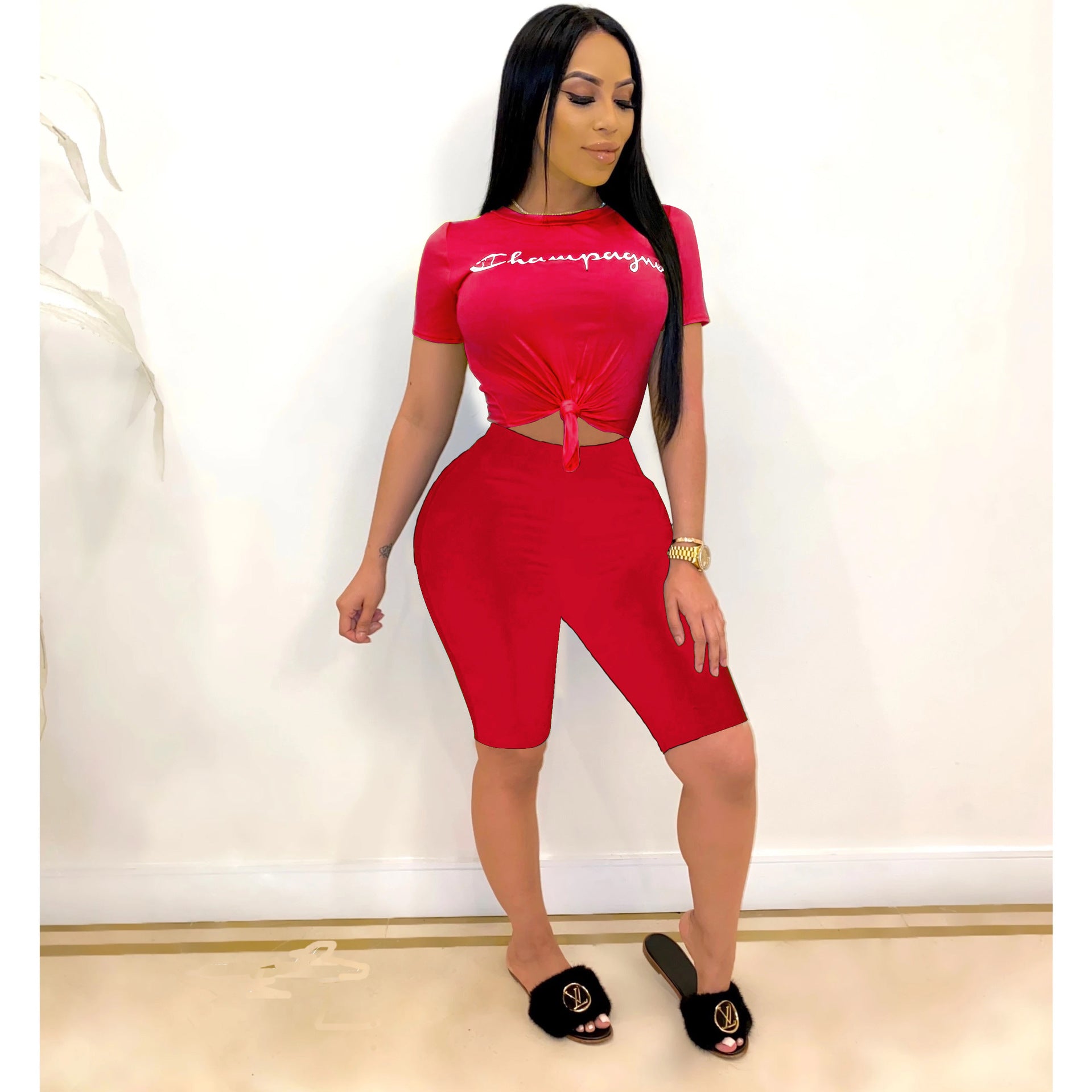 Women Letter Print Short Sleeve Top and Shorts Casual Sports Two-piece Set 10