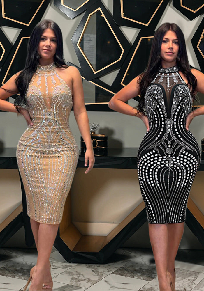 Low Back Sleeveless Mesh Patchwork Beaded Party Dress