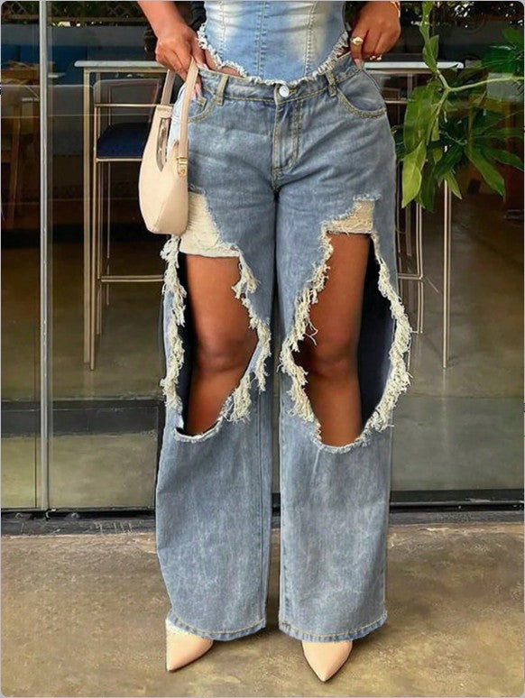 Summer Loose Style Ripped Straight Leg Casual Denim Pants Women