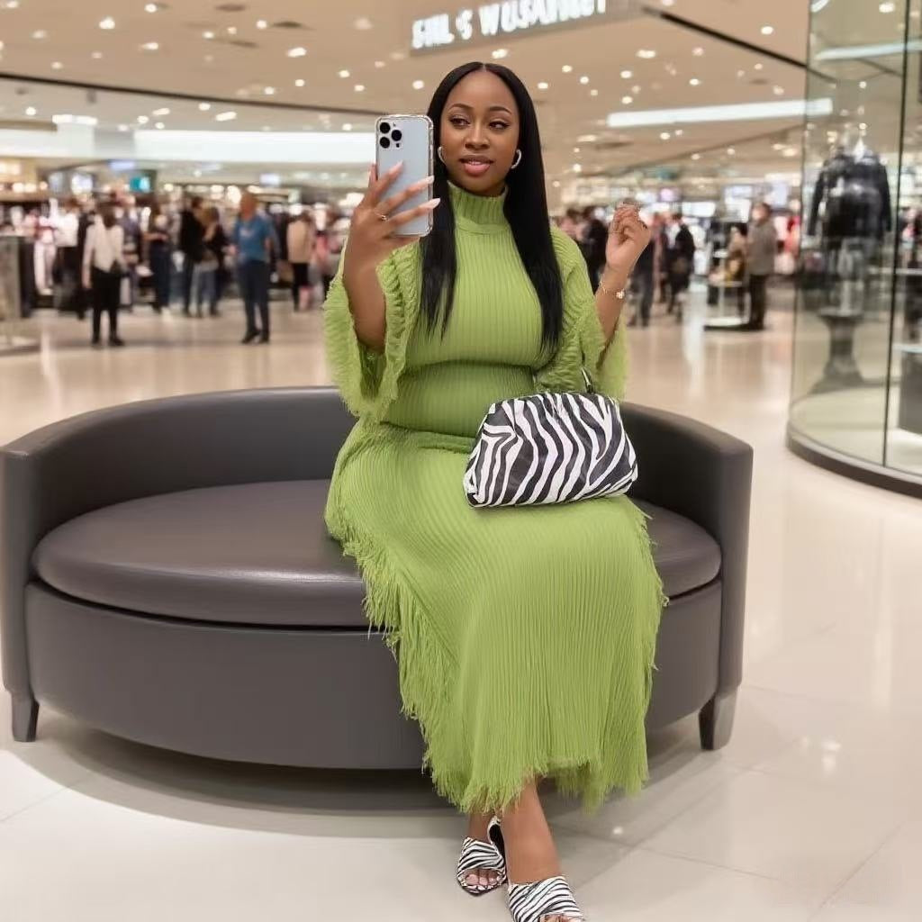 Crochet Fringe Solid Color Round Neck Bat Sleeve Long Knit Dress