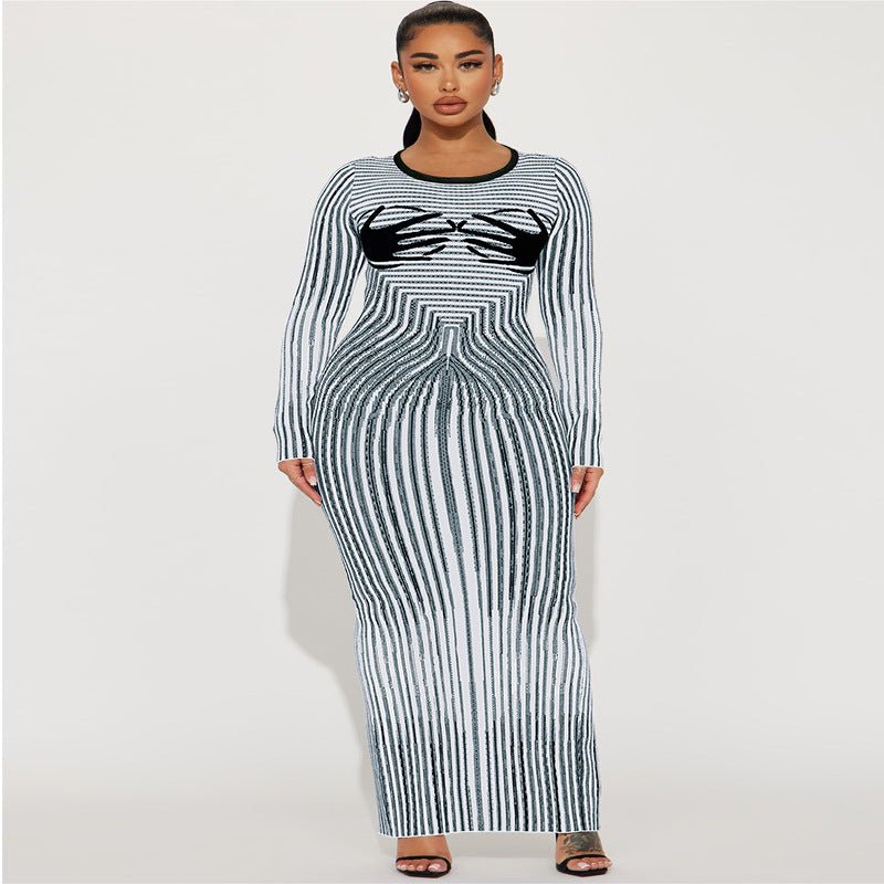Plus Size Women's Round Neck Slit Long Sleeve Dress