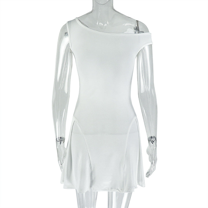 Women's Chic Solid Color One-ShoulderA-line Mini Dress 9