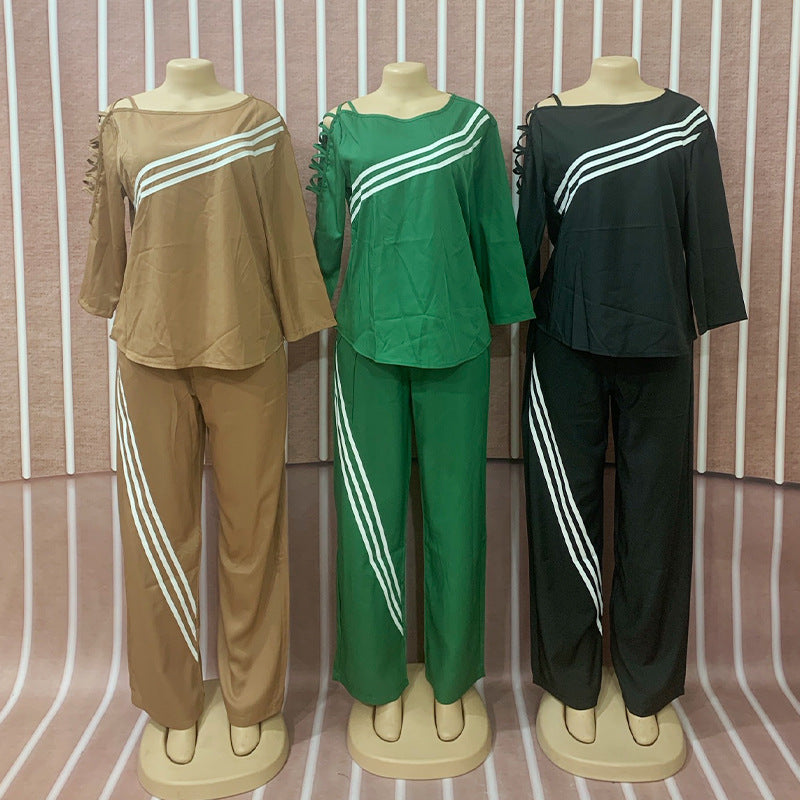 Women Twill color matching Casual Top and trousers Two Piece Set 7