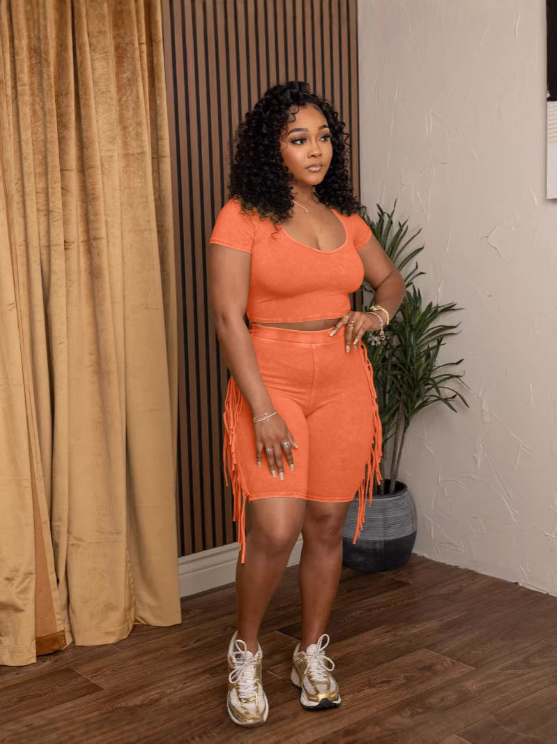 Fashionable Women's Solid Color Short Sleeve Tassel Elastic Shorts Set 8