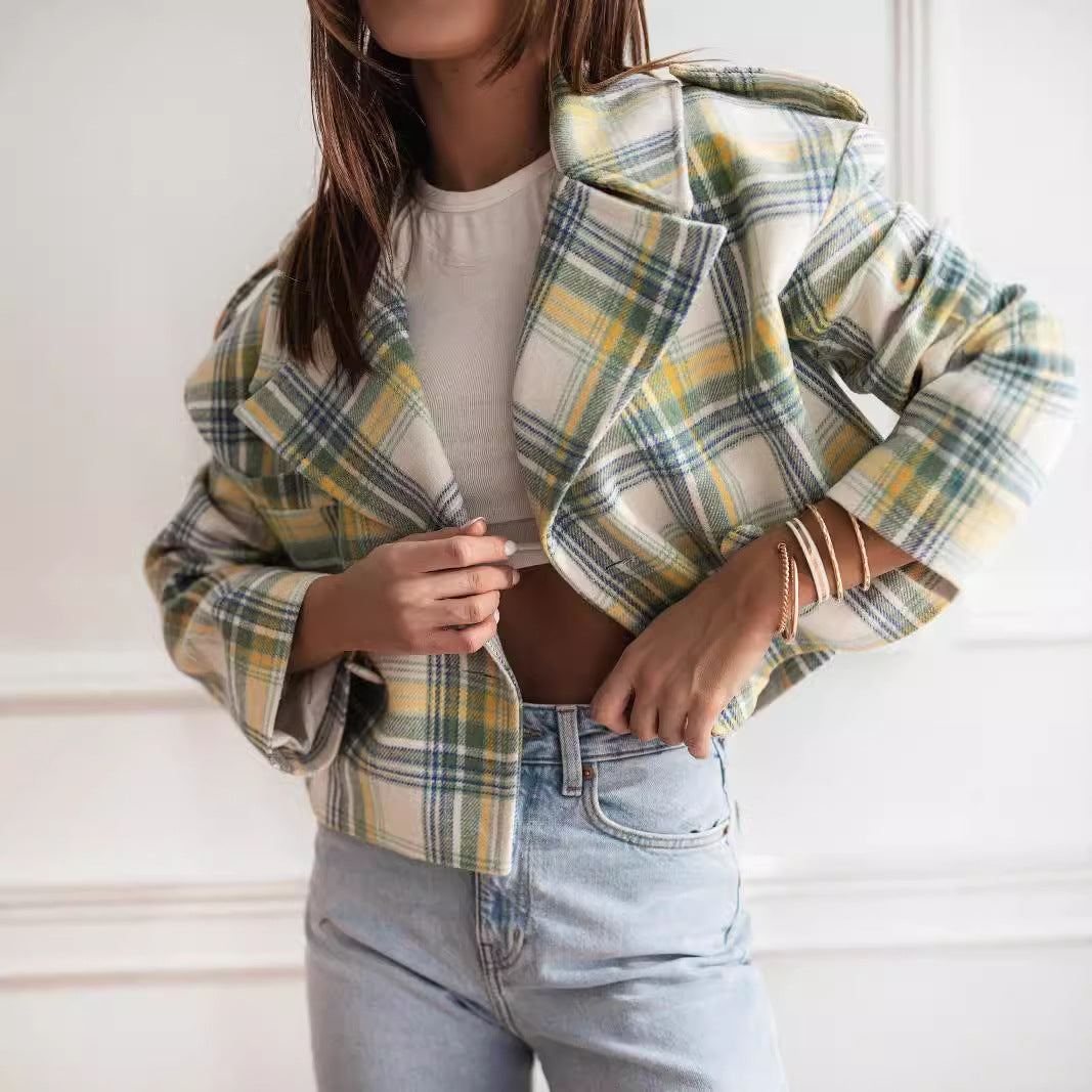 Women Fall/Winter Turndown Collar Plaid Print Jacket 6