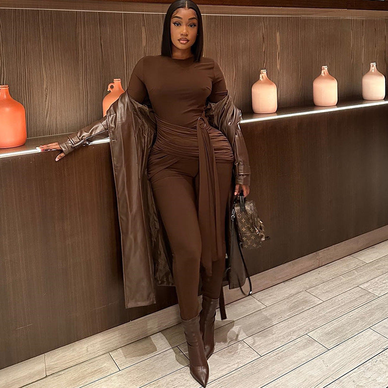 Women Solid Color One-Piece Lace-Up Round Neck Long Sleeve Tight Fitting Fitness Jumpsuit 3